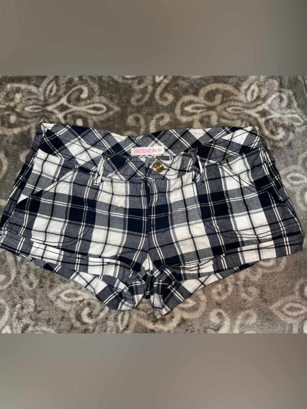 Ardene ultra Low Rise Blue and White Plaid Button-Front Shorts Sz 5